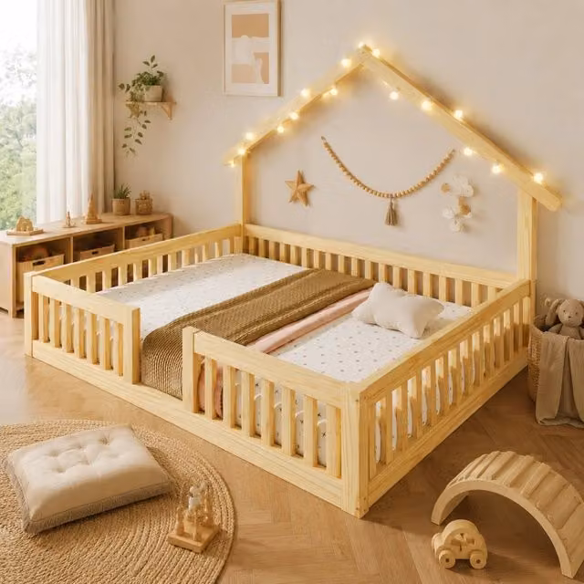 Desviae Letto per bambini a casetta 140 × 200 cm da pavimento con barriera anticaduta e luci LED in legno naturale