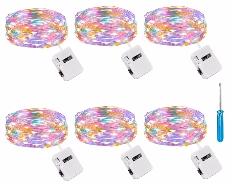Catena luminosa, set da 6, 2 metri, 20 LED, 3 modalità, alimentazione a batteria, multicolore