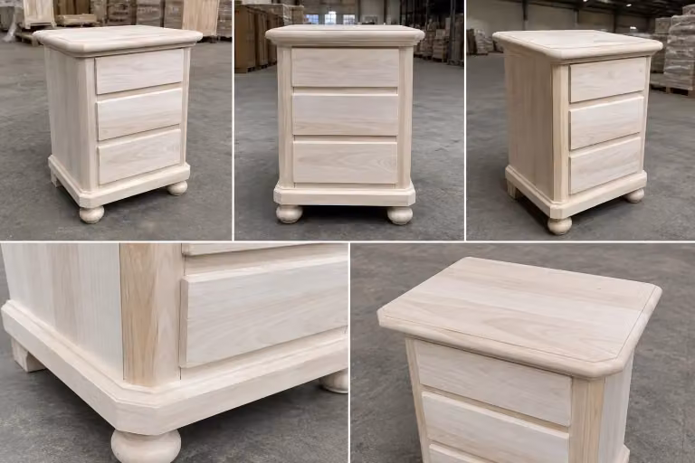 Comodino classico con 3 cassetti in legno grezzo Mobili 2G L: 50 cm, P: 38 cm, H: 66 cm
