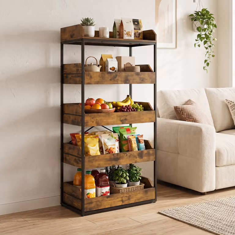 Scaffale da esposizione Costway a 5 livelli con 4 cassetti estraibili in metallo e legno marrone stile industrial
