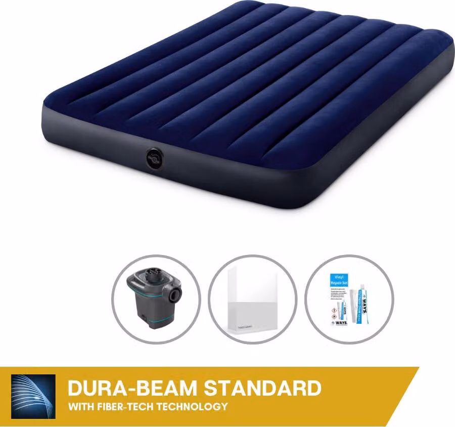 Letto gonfiabile Intex - 2 persone - 137 x 191 x 25 cm - blu + pompa elettrica Intex - 650 litri/min + lenzuola bianche + kit di riparazione