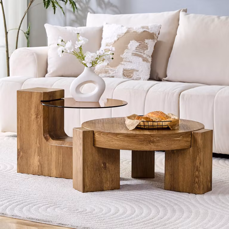 Set di tavolini, aspetto legno (MDF), con piano in vetro temperato, componibili e separabili (modello "Wood")