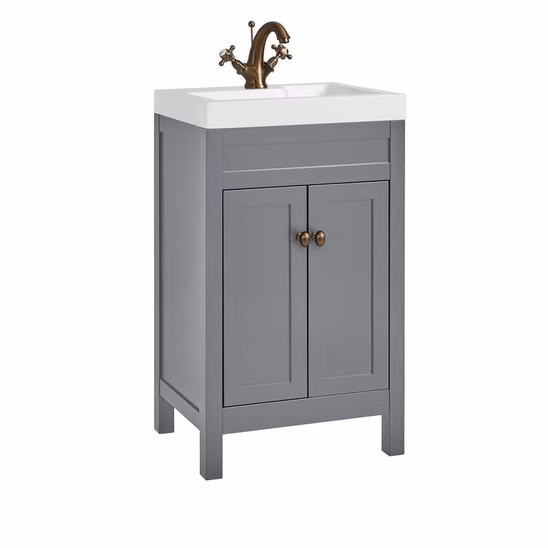 Mobile Bagno Grigio Chiaro da 500mm con Lavabo e Maniglia Classica Rotonda in Rame Satinato - Warwick
