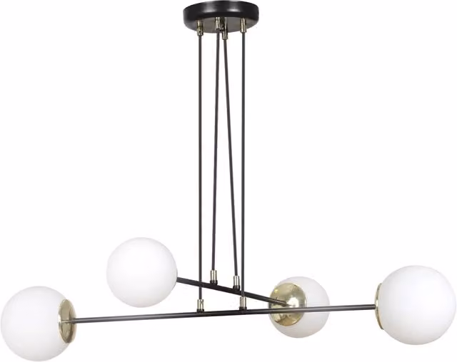 Lampadario Moderno Sospeso Luceart-Classic con 4 Luci a Sfera in Vetro Opale Bianco e Acciaio Nero e Oro – 1