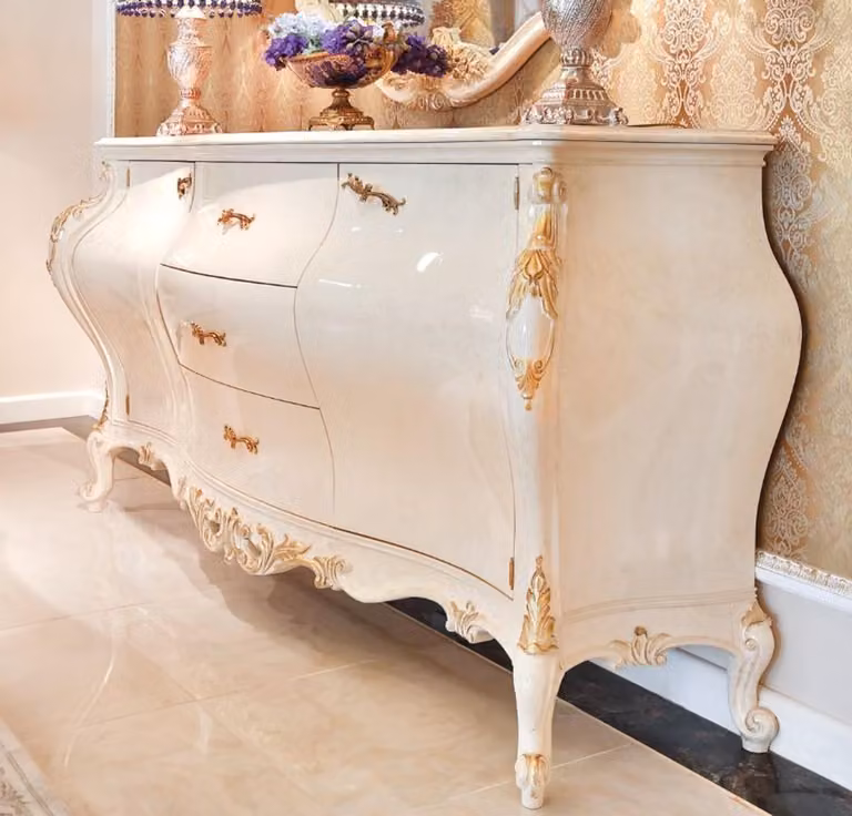 Casa Padrino cassettiera barocca crema/oro 243 x 60 x h. 115 cm - Magnifico mobile in legno massiccio a 2 ante e 3 cassetti - Nobile mobile barocco