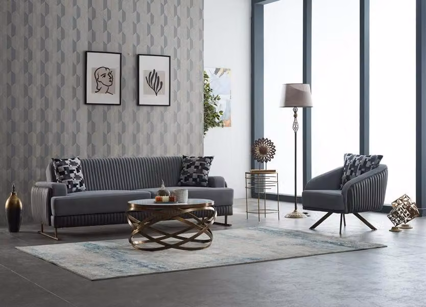 Komplette Polstersofa Sessel Dreisitzer Stoffsofa Grau Sofa 2tlg Set