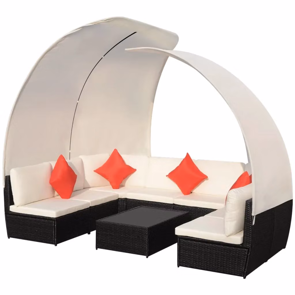 Set di Divani da Giardino vidaXL 9 Pezzi con Tettuccio e Tavolino, Design Moderno a Forma di U in Polyrattan Nero con Cuscini Inclusi – 2