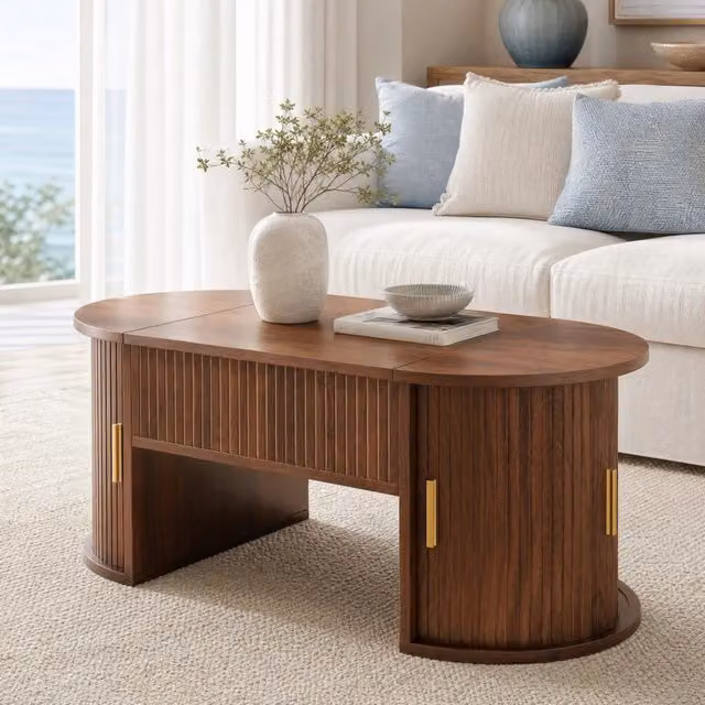 Tavolino da salotto ULEVR 100x50x40,5 cm con piano regolabile in altezza, 2 ante scorrevoli e ripiani aperti, noce