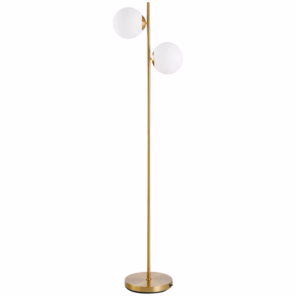 Lampada da terra Minimal con 2 luci e paralumi a sfera in oro e vetro, H 165 cm, L 28 cm, P 39 cm – 2
