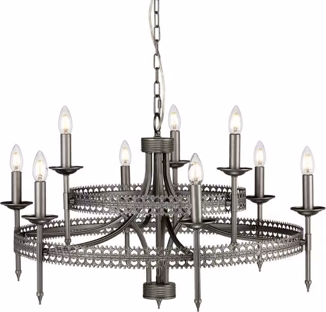 Lampadario Industrial Nordico Crown Acciaio Ferro Cancello 9 Luci E14