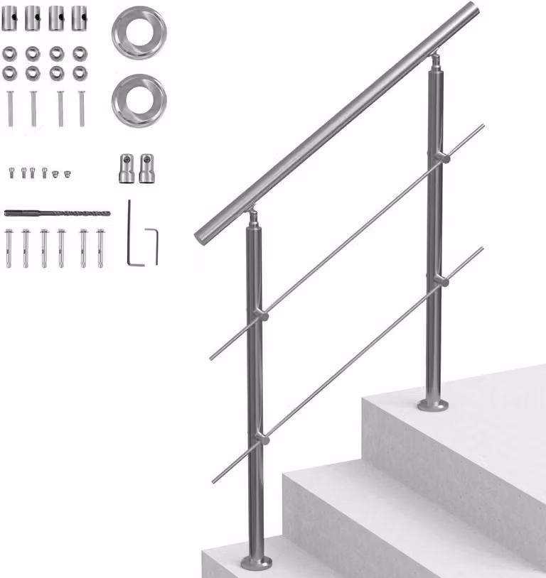 Ringhiera per scale in acciaio inox con corrimano e 2 traverse - 1000x104x1060 mm - Ringhiera di alta qualità per scale - Protezione sicura ed elegante delle scale