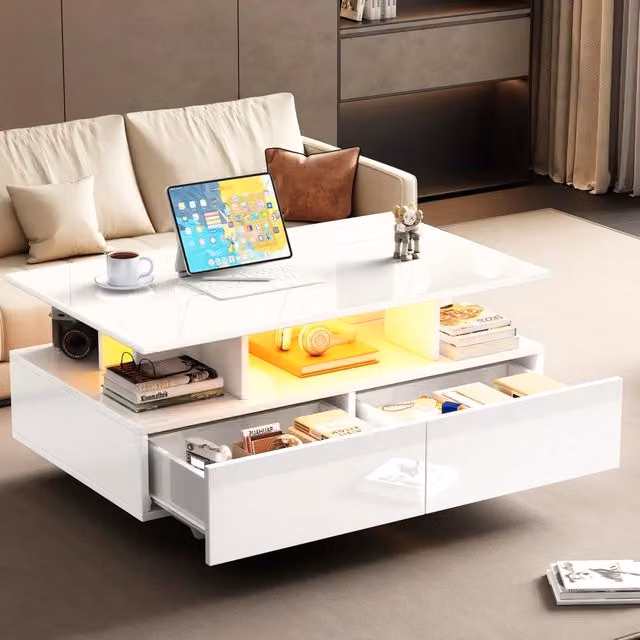 Tavolino basso OKWISH moderno con LED e 2 cassetti, finitura lucida bianca, per soggiorno, L: 90 cm, P: 55 cm, H: 41 cm