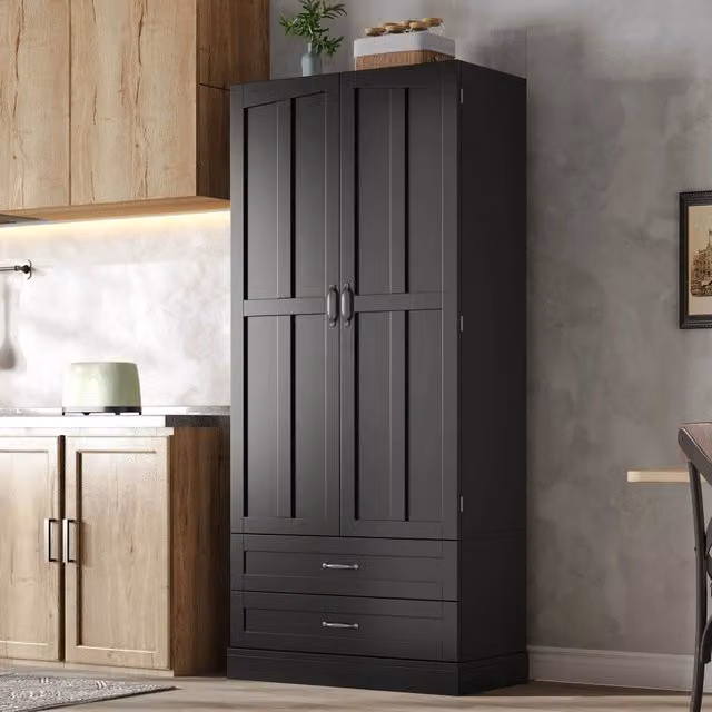 Dispensa alta per cucina in MDF nero con ripiani e cassetti interni, L: 80 cm, P: 37,5 cm, H: 180 cm – 1