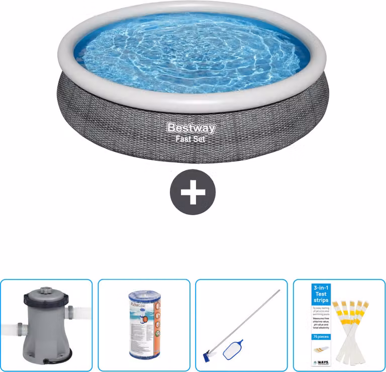 Bestway piscina gonfiabile rotonda ad ambientazione rapida - stampa rattan - 366 x 76 cm - compresa pompa - filtro - kit di pulizia - strisce reattive