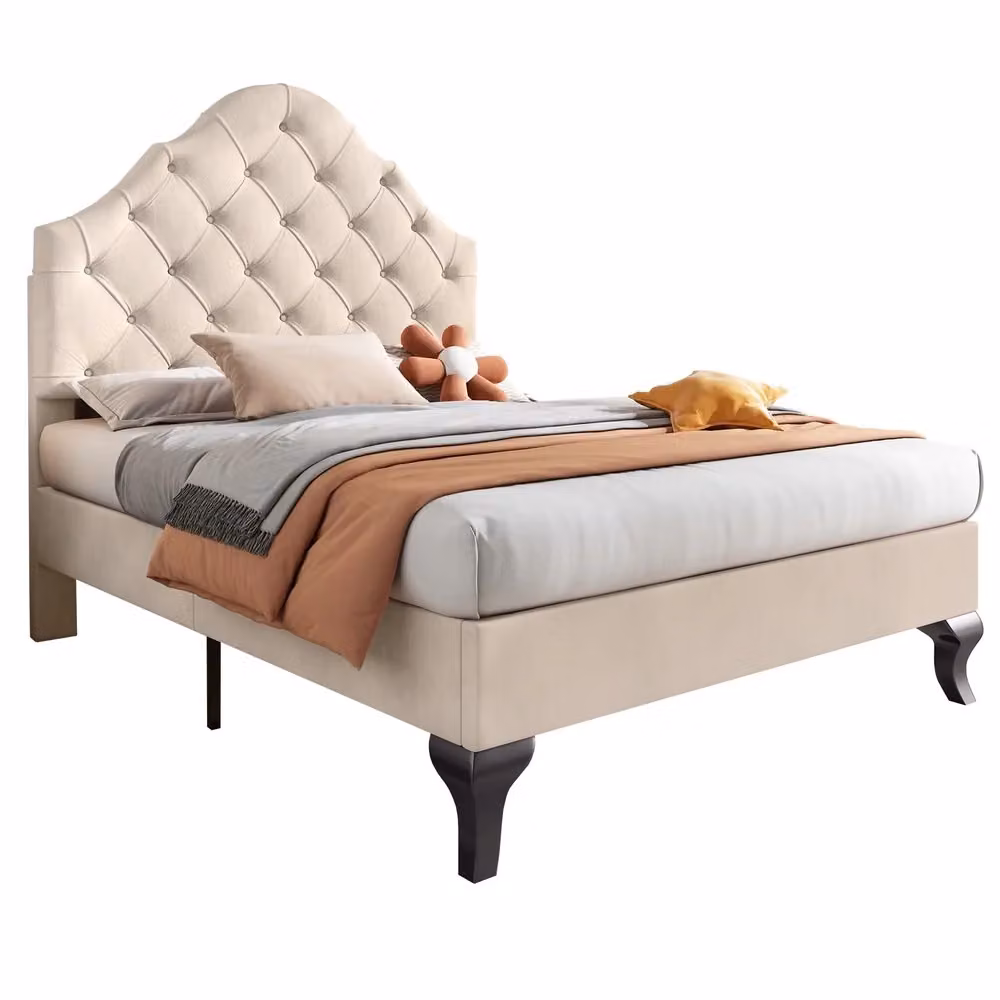 Letto singolo imbottito Minimal in velluto beige con rete a doghe e testiera regolabile L/P/H: 90 x 200 cm – 2