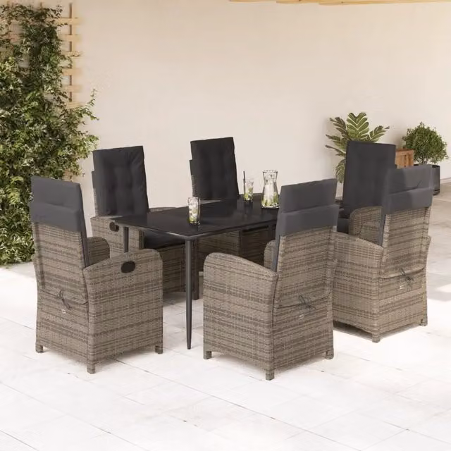 Set da Pranzo da Giardino VIDAXL in Polyrattan con Tavolo in Vetro e 7 Sedute, Grigio e Nero