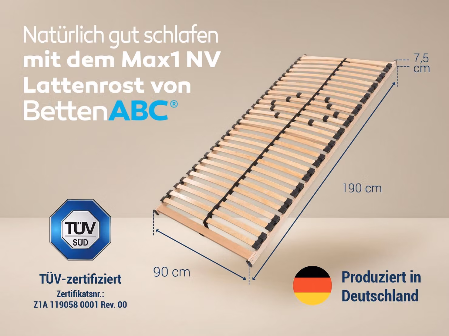Telaio a doghe Max NV MZV per l'autoassemblaggio con 28 doghe, barra continua, SÜD GS, dimensioni: 90x190