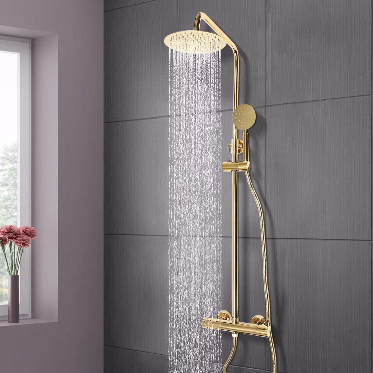Doucheset - Doccia a soffione - Doccia a mano - Kit doccia - Miscelatore termostatico - Design "Golden Round"