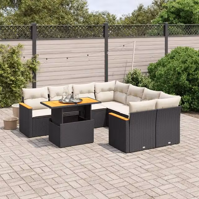 Set Divani da Giardino 9 pz con Cuscini Nero in Polyrattan 3273002