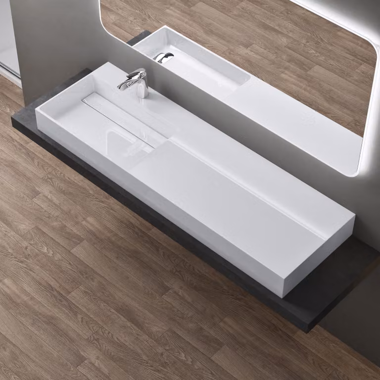 doporro Lavabo Bagno Sospeso Lavabo da Appoggio Rettangolare in Marmo Resina Bianco Lucido, Vasca a Sinistra 150x48x13 cm con 1 Foro Rubinetto e Piletta Scarico, Colossum12