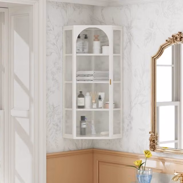 Armadio a muro triangolare 105 cm in vetro bianco trasparente, 4 ripiani, senza schienale, per cucina e bagno, bianco
