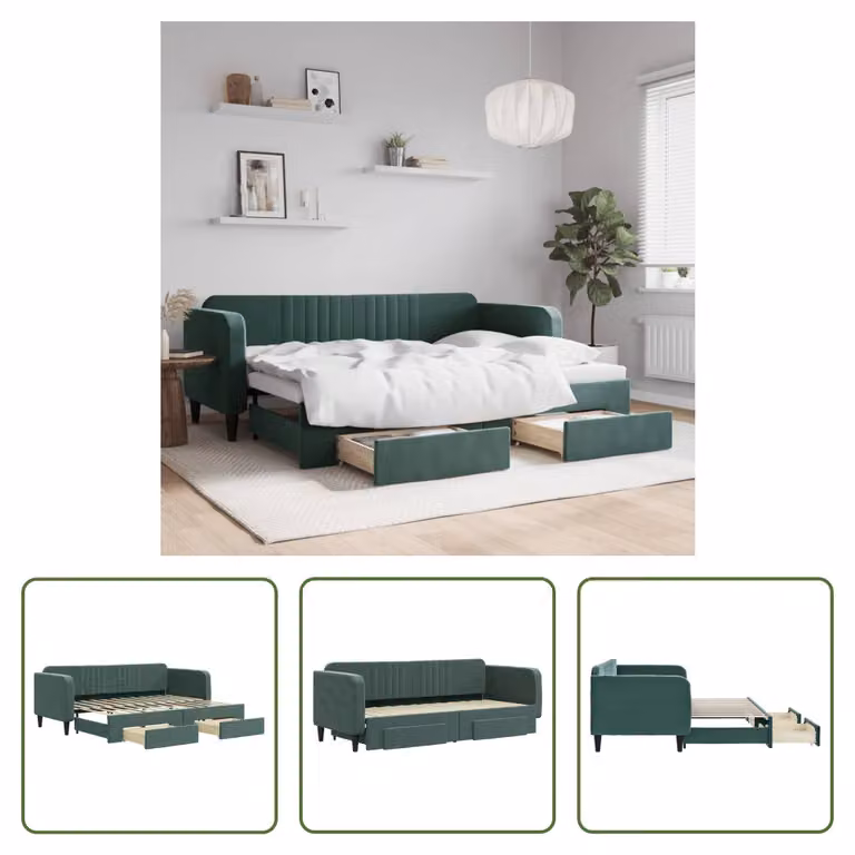 The Living Store Letto da giorno allungabile con cassetti Verde scuro 80x200 cm in velluto