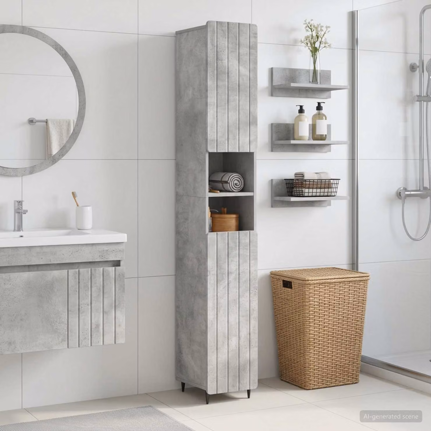 Armadio da bagno moderno vidaXL ZWOLLE con ripiano aperto e ante a battente, Grigio Cemento, L: 60 cm, P: 30 cm, H: 189,5 cm