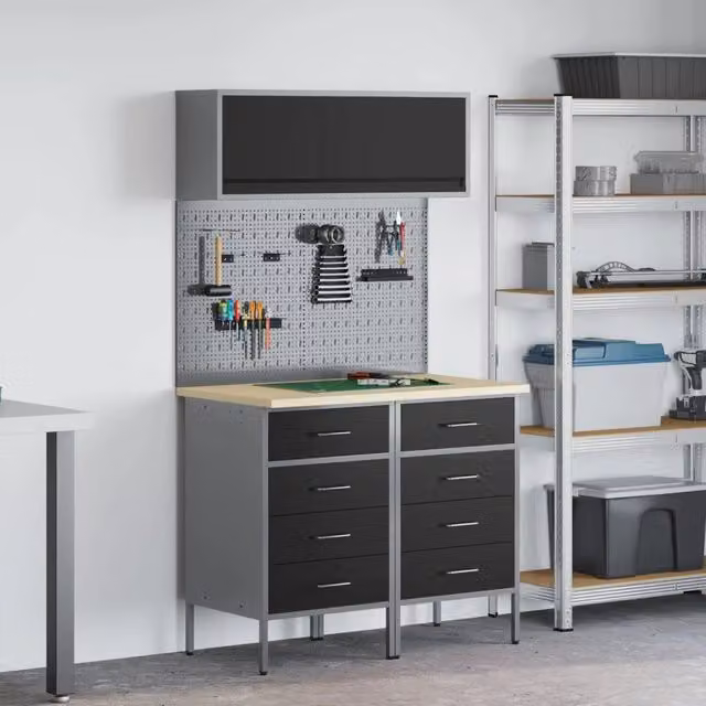Set di mobili da lavoro vidaXL in acciaio e legno con scaffale e cassetti, 5 pezzi, Nero – 1