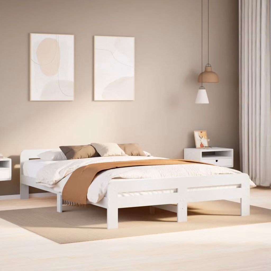 Letto senza Materasso vidaXL in Legno Massello di Pino Bianco L/P/H: 203.5 x 150 x 154 cm – 1