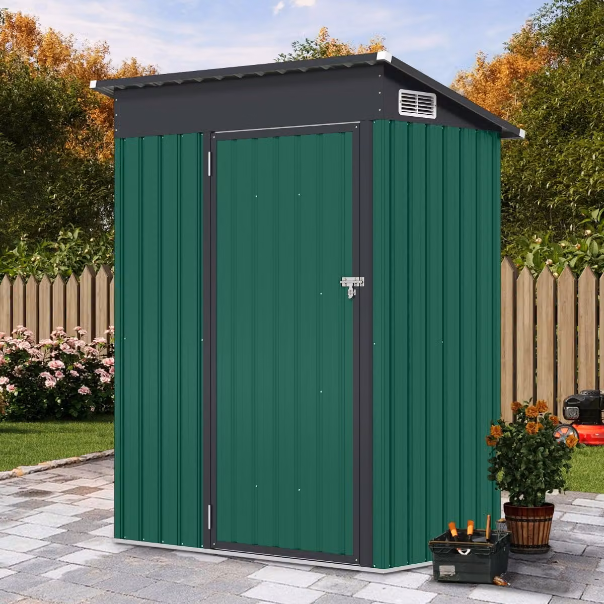 Casetta da giardino Costway in metallo verde con tetto inclinato e ventilazione, L: 150 cm, P: 90,5 cm, H: 185 cm