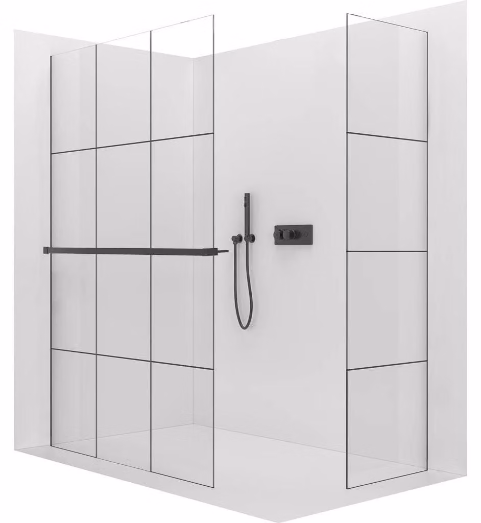 CERANO - Box doccia Walk-in Crystal T L/P - 8 mm - sistema senza montanti + mensola/portasciugamani - nero opaco, vetro industriale - 100x100x200 cm