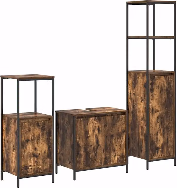 Set di mobili per il Bagno | Armadio da bagno 3 pz Rovere Affumicato e Nero