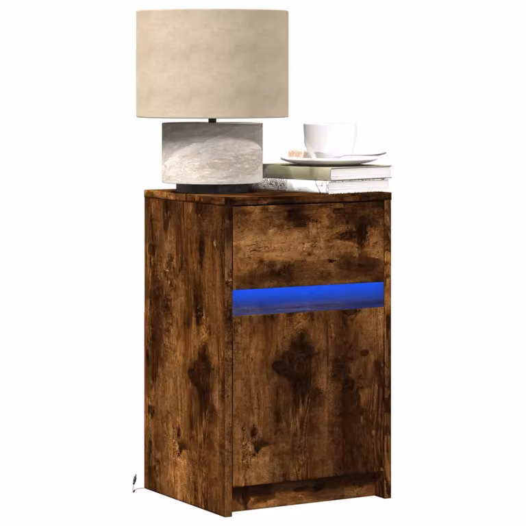 Comodino moderno vidaXL con luci LED in legno Rovere Fumo, sospeso a parete, L: 61 cm, P: 34 cm, H: 38 cm