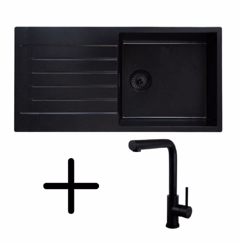 Lavello Caressi CAQPP850R10BK-EB, da incasso con rubinetto da cucina CABL003BKU. Nero.