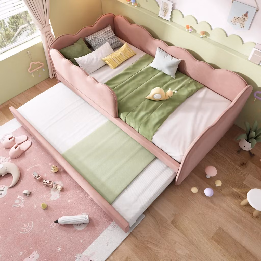 Letto Singolo con Letto Estraibile in Velluto Rosa e Struttura in Metallo L/P/H: 90 x 190 x 70 cm – 2