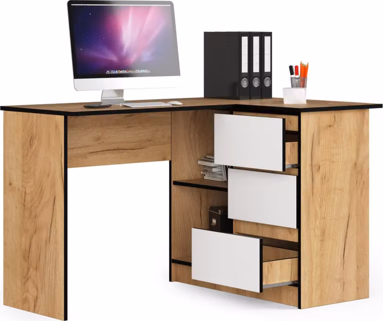 BDW, scrivania angolare destra, 3 cassetti, 4 ripiani, rovere craft / bianco destra