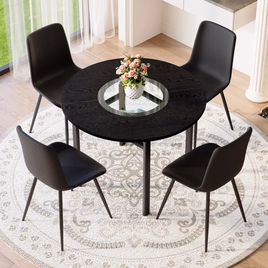 Set tavolo da pranzo rotondo Mivray con 4 sedie, piano in vetro e MDF nero, struttura in metallo, design moderno per cucina e soggiorno – 2
