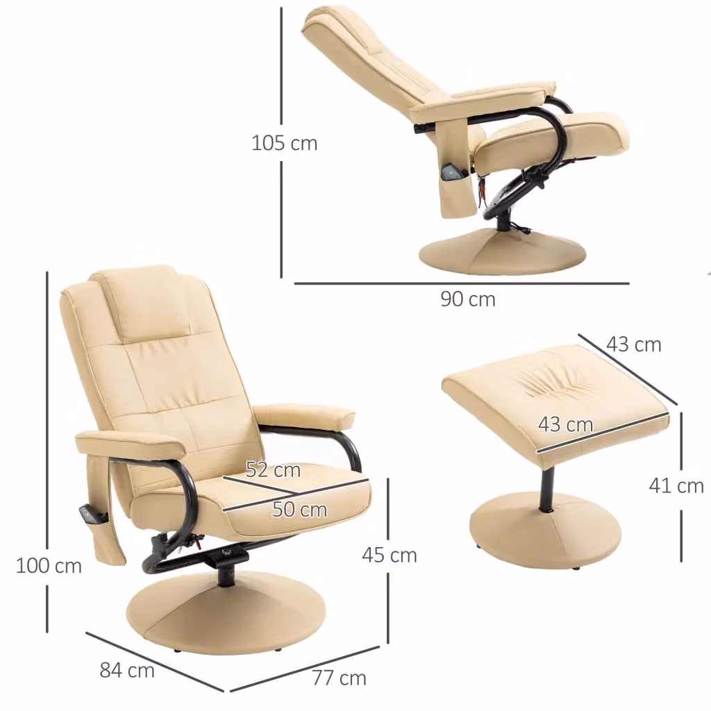 Poltrona massaggiante reclinabile WISHDOR con poggiapiedi, girevole 360°, in similpelle color beige e bianco – 2