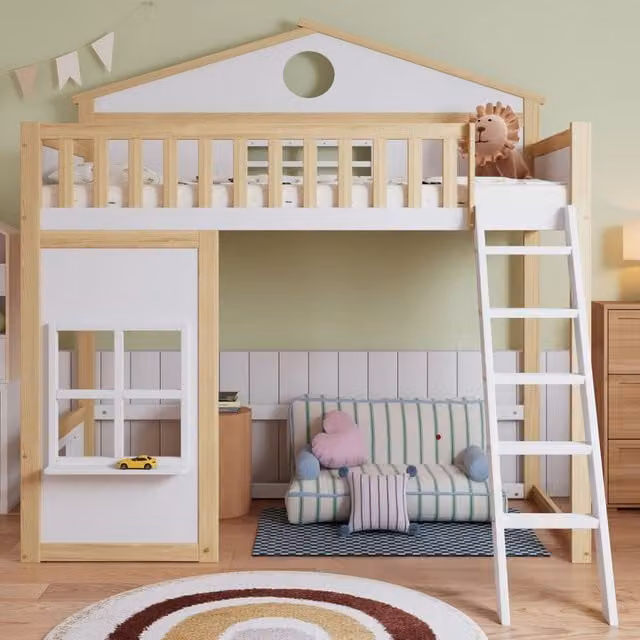 Letto a castello a casetta 90 × 200 cm con scala e sponde, senza materasso, in pino e MDF, bianco naturale