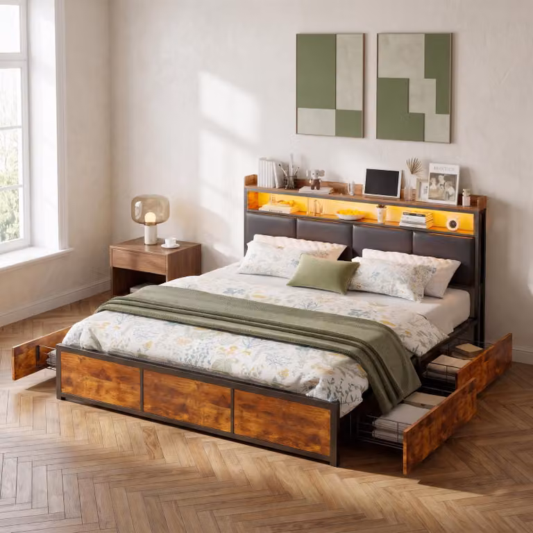 Letto matrimoniale in metallo INONEFT, 160x200 cm, con spazio contenitore, letto per ragazzi/adulti, con LED e 4 cassetti, letto multifunzionale con spazio contenitore e ripiano imbottito. Materiale: PU