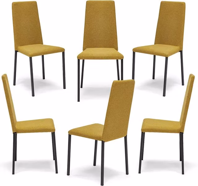 Set 6 sedie imbottita modello BETTY STYLE per interni, design moderno, gambe quadre in metallo, schienale e seduta rivestiti con tessuto morbido al tatto Senape