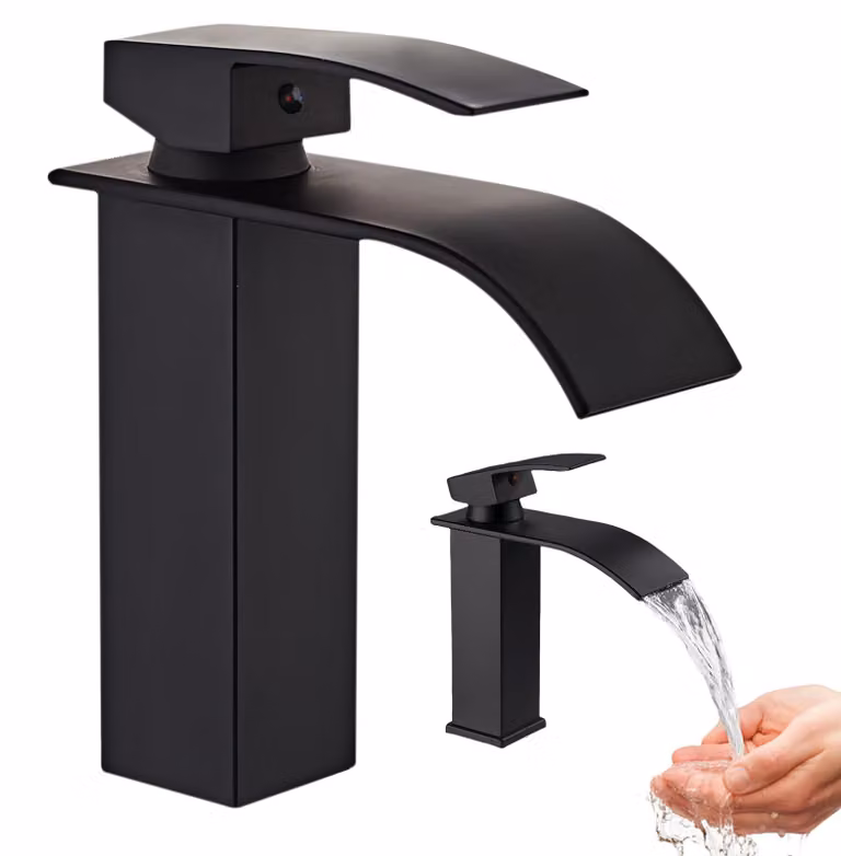 Miscelatore per lavabo a cascata, nero, con bocchetta larga