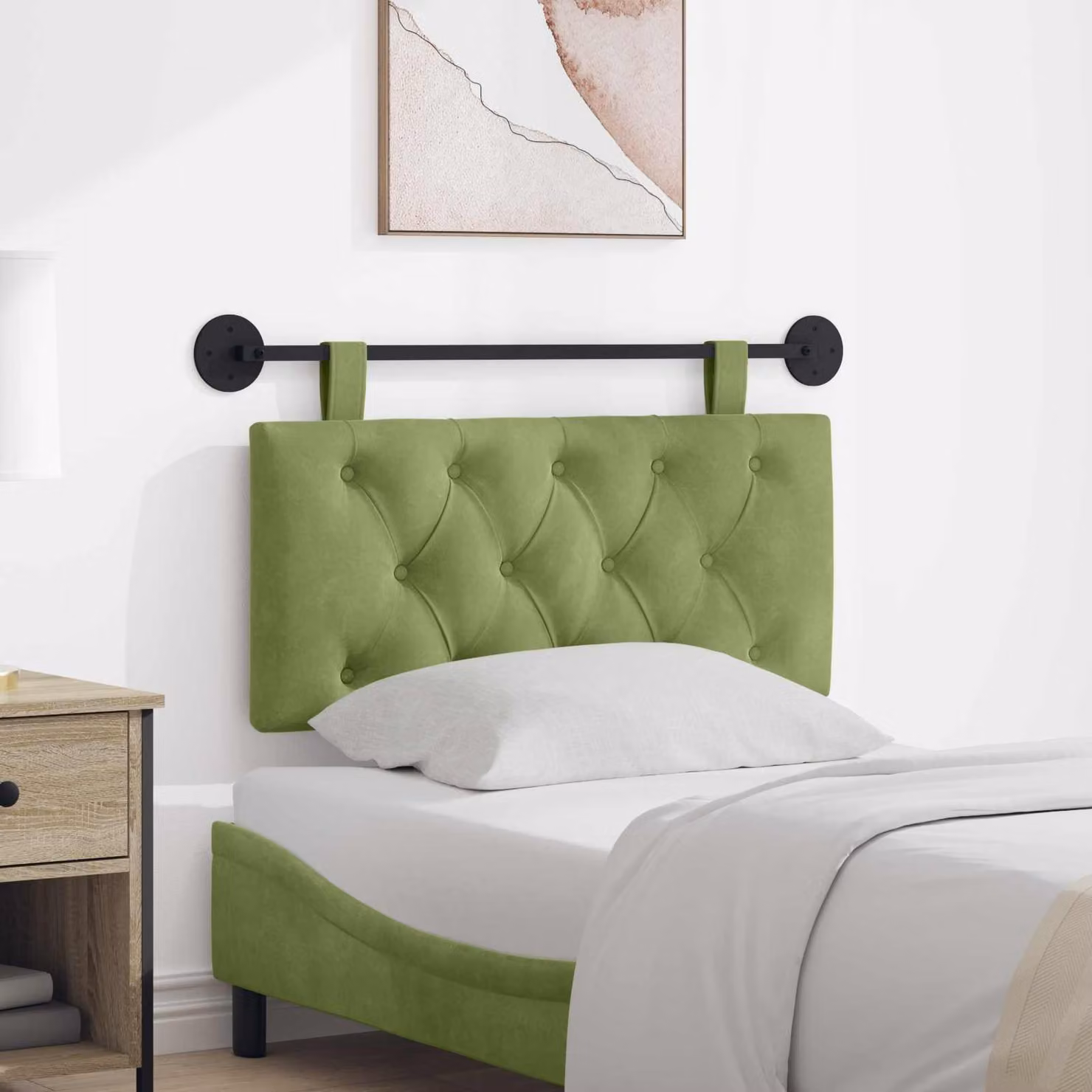 Testiera per letto sospesa vidaXL in velluto verde chiaro con illuminazione integrata e pannello imbottito