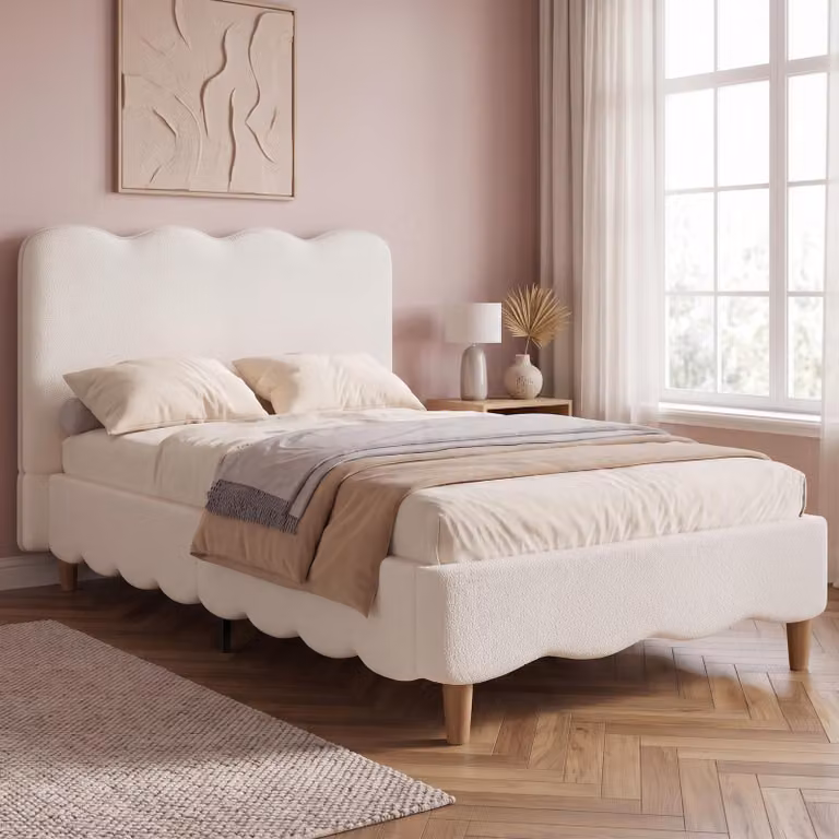 Letto imbottito STILVORA, 90x200 cm, completo di materasso. Struttura del letto con testiera imbottita e rete a listelli. Letto singolo con gambe in legno massello. Letto per bambini rivestito in tessuto bouclé, colore bianco