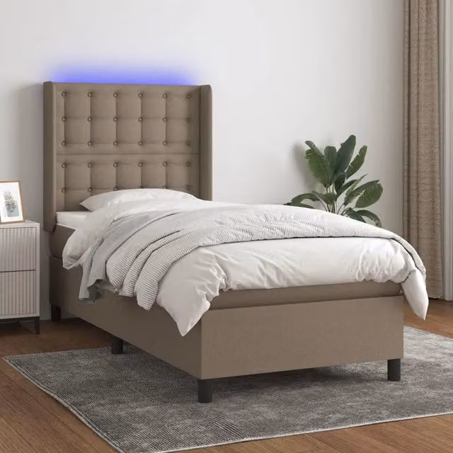 Letto a molla con testiera in tessuto beige e illuminazione LED vidaXL con porta USB, L/P/H: 90 x 200 x 128 cm