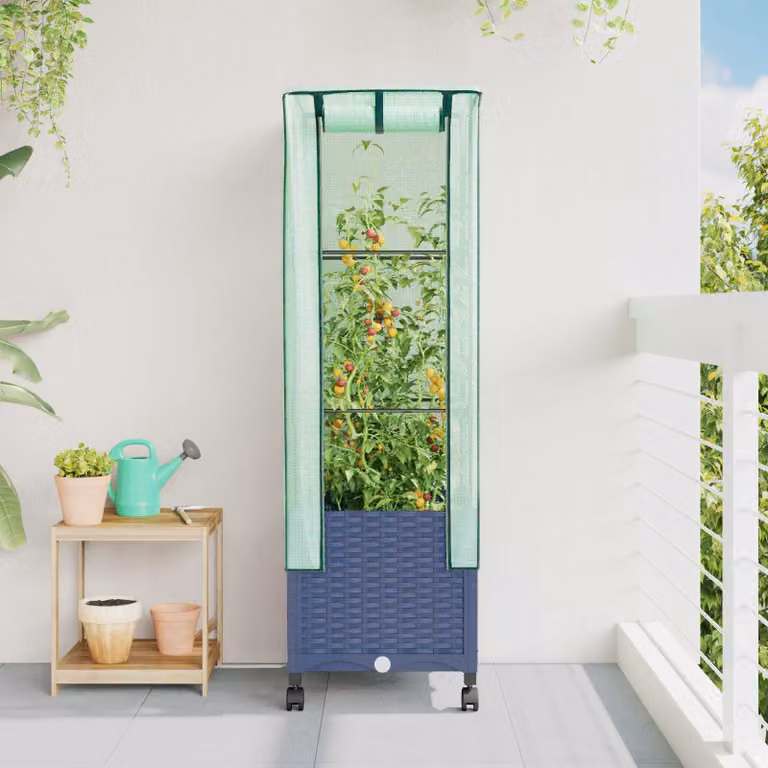 vidaXL Vaso da Giardino con Copertura per Serra e Ruote, Blu e Grigio, in Plastica