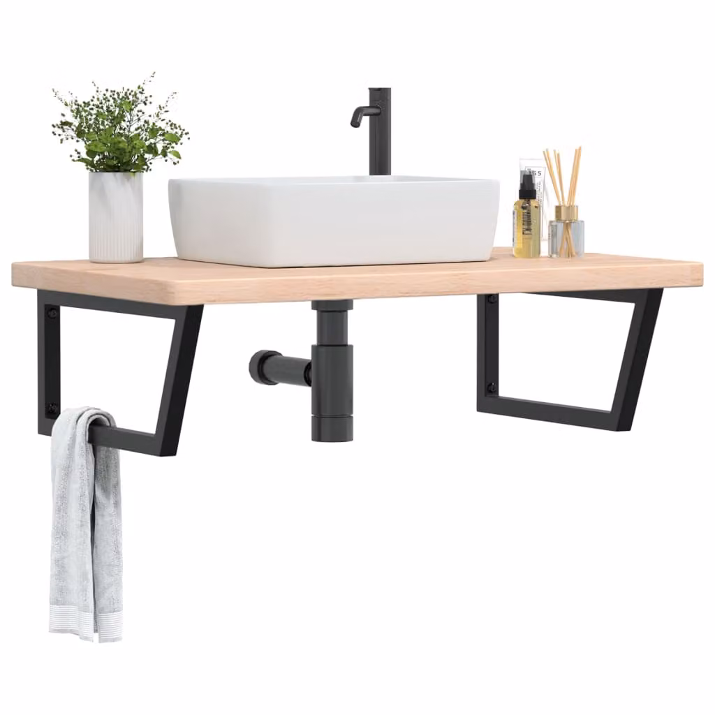 vidaXL Ripiano a Parete per Lavabo in Acciaio e Rovere Massello, Nero e Marrone, L: 60 cm, P: 25 cm, H: 3 cm