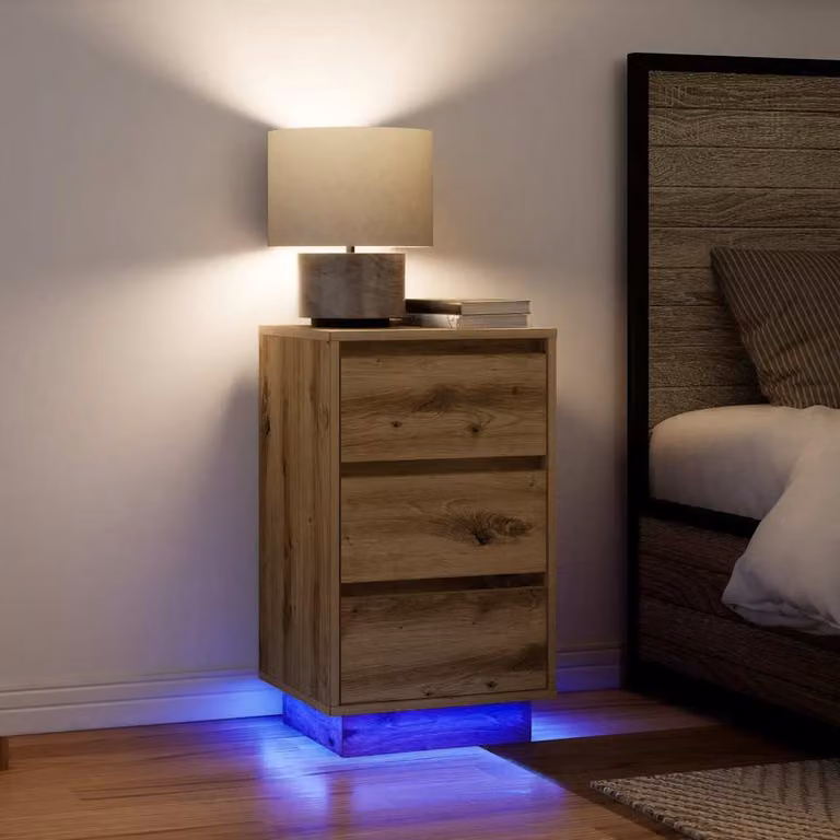 Comodino vidaXL con Luci LED in Rovere Artigianale, Colore Marrone, L 38 cm x P 34 cm x H 65 cm