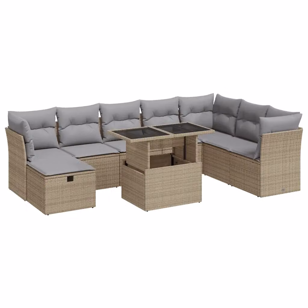 Set Divano da Giardino vidaXL 9 Pezzi a Forma di U con Cuscini Beige e Grigio e Tavolino in Vetro – 2