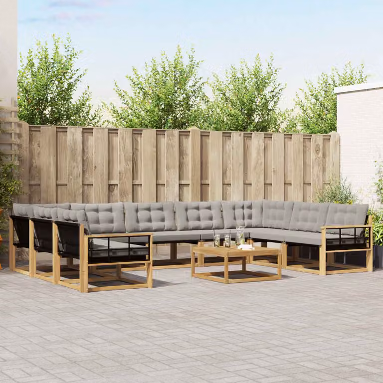 Set di divani da esterno vidaXL a forma di U composto da 10 pezzi con tavolino da caffè, in legno di acacia e tessuto textilene, Bianco e Grigio